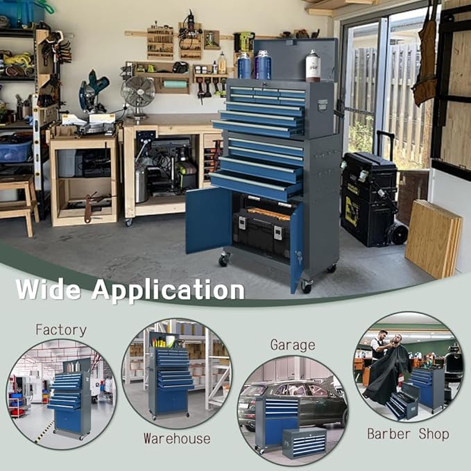 13-Drawer Tool Chest with Double Door Handle,2 in 1 Detachable Rolling Tool Chests with Wheels and Drawers,Large Tool Box with Lock,Mobile Steel Tool Cabinet Storage (Gray&Blue)