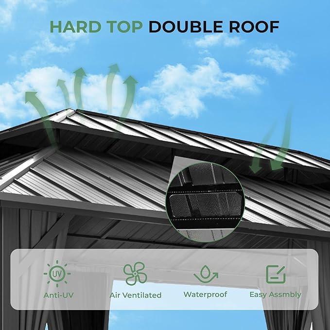 12' x 20' Hardtop Gazebo, Aluminum Frame Gazebo with Double Galvanized Steel Roof, Outdoor Permanent Pavilion with Netting & Curtains for Backyard, Garden, or Deck, Grey