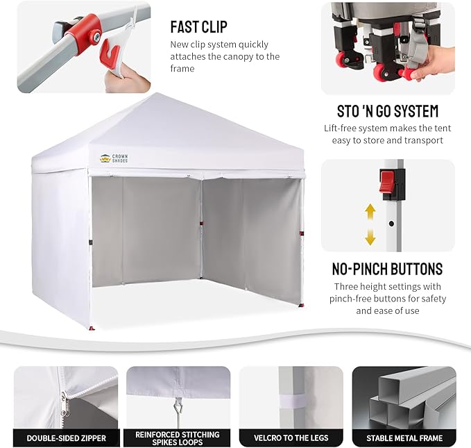 CROWN SHADES 10X10 Comercial Instant Canopy Pop Up Tent with Center Lock (10x10 with 4 Sidewalls, White)