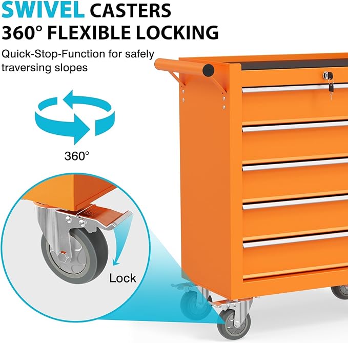 5 Drawers Rolling Tool Chest, Portable Storage Tool Box with Wheels, Tool Chest with Lock for Warehouse, Garage, Repair Shop and Tool Room (Orange)
