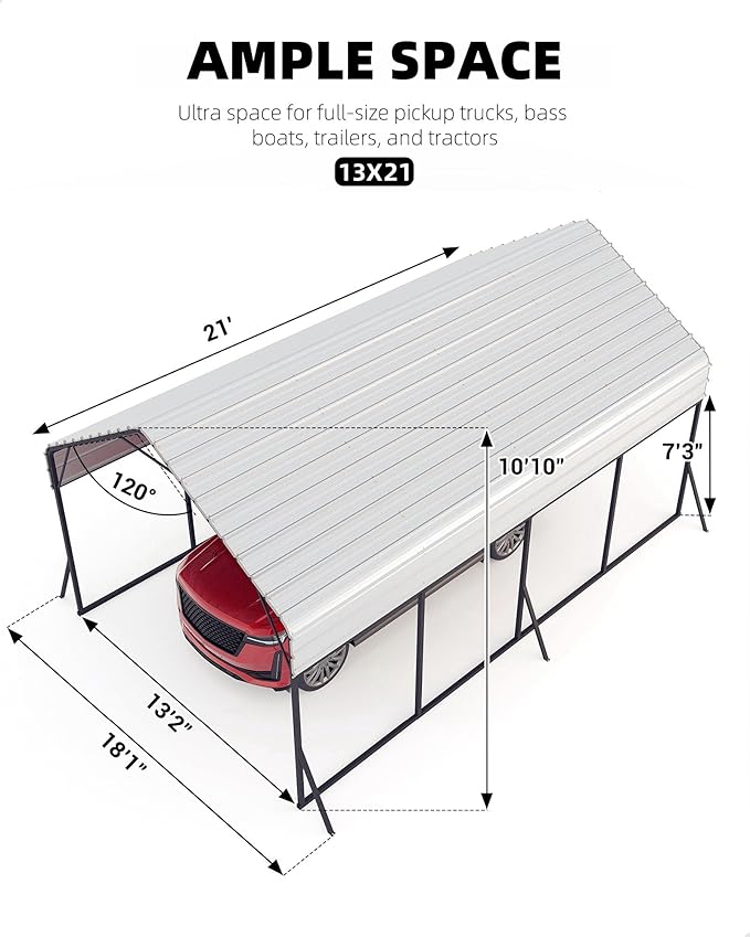 13x21 FT Metal Carport Heavy Duty Car Ports Reinforced Frame, Galvanized Steel Roof and Enhanced Base All-Weather Outdoor Oversized Shelter for Cars, Bass Boats, Full-Sized Pickup Trucks, Tractors