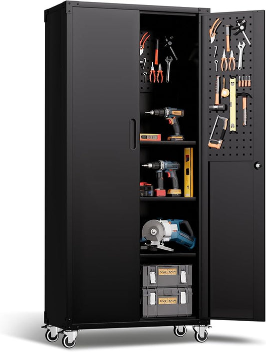 Rolling Tool Cabinet with Pegboard, 71 Tool Cabinets with 4 Adjustable Shelves for Garage, Tool Room, Assembly Required(Black)