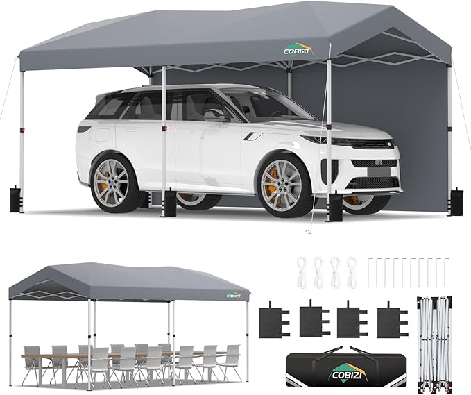 COBIZI 10x20 Pop Up Canopy with One Button Push Center Lock,Ez Up Portable Carport with 2 sidewalls,Waterproof UV50+ Outdoor Party Commercial Carport Canopy Gazebos with Carry Bag(10 x 20 ft Gray)