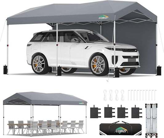 COBIZI 10x20 Pop Up Canopy with One Button Push Center Lock,Ez Up Portable Carport with 2 sidewalls,Waterproof UV50+ Outdoor Party Commercial Carport Canopy Gazebos with Carry Bag(10 x 20 ft Gray)
