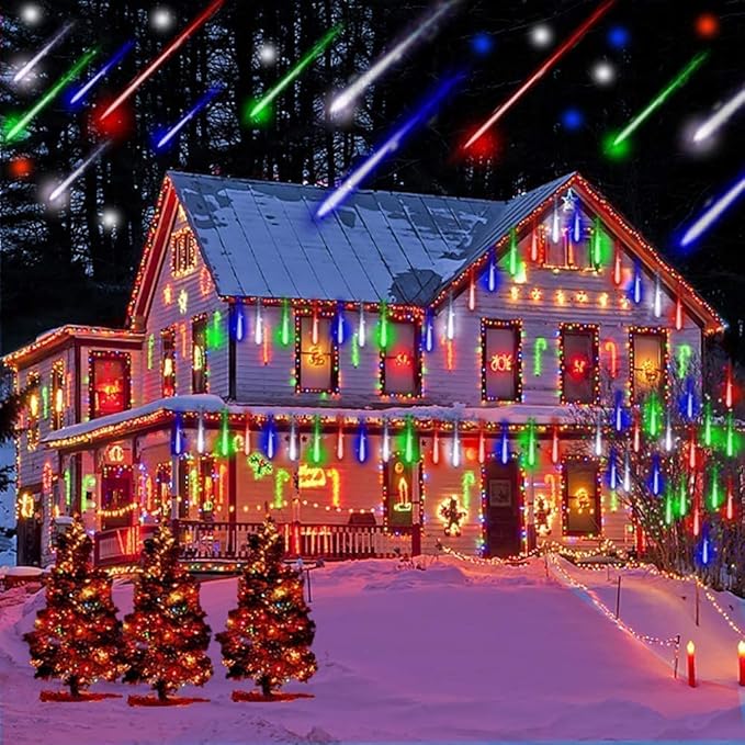 Christmas Lights Outdoor Tree Cascading Icicle Light 8 Tubes 192LED Shooting Star Waterfall Meteor Shower Falling Rain Lights for Xmas Decorations Wedding Party New Year (Multi Color)