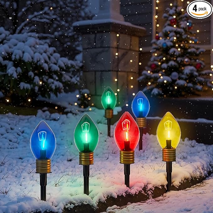 Jumbo Pathway Lights, 7FT Christmas Walkway Lights with Pathway Marker Stakes and 4 LED Clear Multicolor Bulb,Christmas Light Outdoor Decorations for Lawn Yard,4 Lights