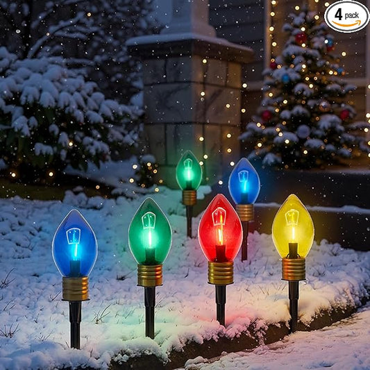 Jumbo Pathway Lights, 7FT Christmas Walkway Lights with Pathway Marker Stakes and 4 LED Clear Multicolor Bulb,Christmas Light Outdoor Decorations for Lawn Yard,4 Lights