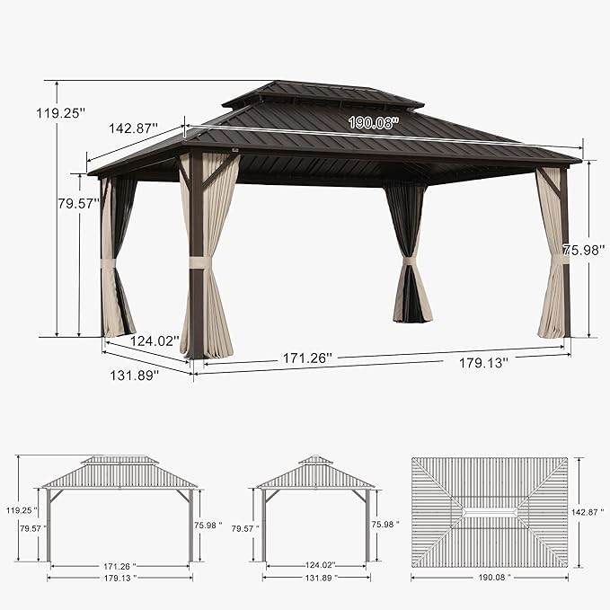 PURPLE LEAF 12’ X 16’ Outdoor Hardtop Gazebo Metal Frame Galvanized Steel Double Roof with Curtains and Nettings for Patio Desk Backyard Bronze