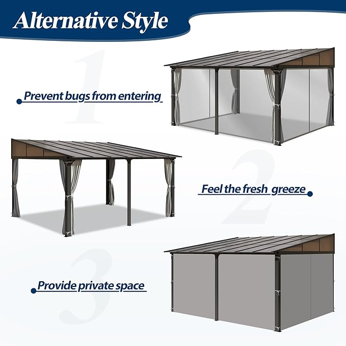 COVERONICS 12' X 14' Outdoor Polycarbonate Lean to Gazebo - Wall-Mounted Aluminum Frame Gazebo with Slope Hardtop, Patio Heavy-Duty Lean to Pergola with Netting & Curtains for Garden, Backyard, Deck