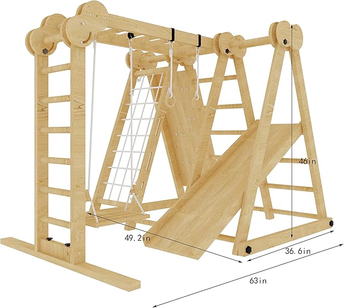 Avenlur 7-in-1 Indoor Playset for Kids 2-6 with Slide, Climbing Wall, Ladder, Net, Bars, Swing, Ring - USA