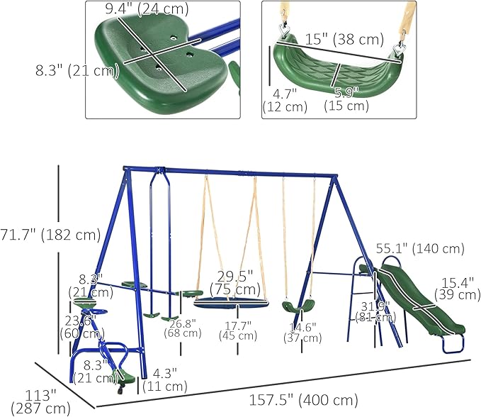 Outsunny Swing Set for Backyard, 5 in 1 Heavy-Duty A-Frame Stand Outdoor Playset for Kids with 29.5 Saucer Swing, Slide, Seesaw, Glider, Swing Seat, Blue