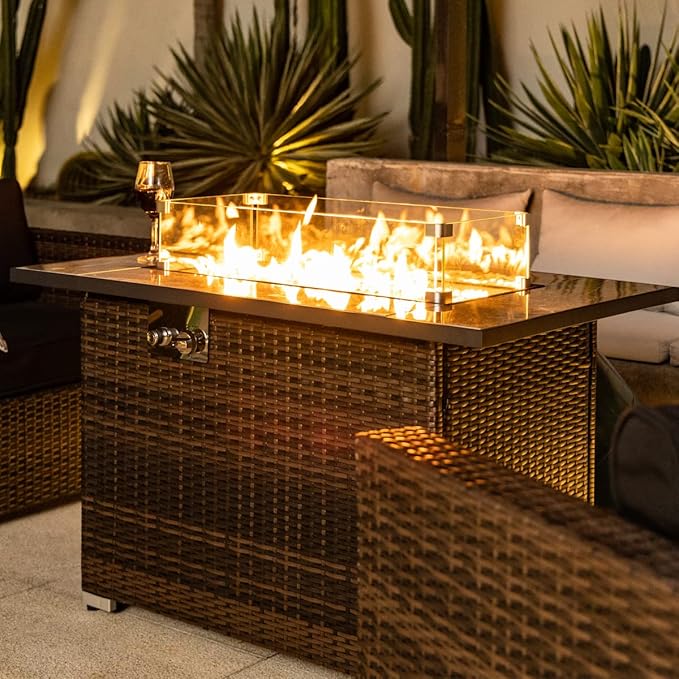 44in Outdoor Propane Gas Fire Pit Table, 50,000 BTU Auto-Ignition Gas Firepit with Glass Wind Guard, Marble Tile Tabletop, Mixed Color Glass Rocks, Brown PE Rattan¡¦
