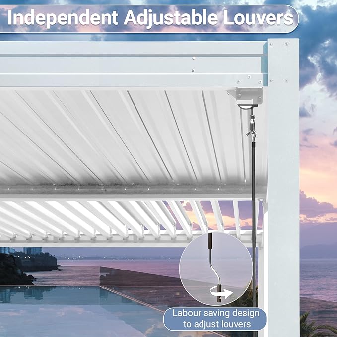 10’ x 16’ Louvered Pergola, Outdoor Pergola Aluminum Frame with Adjustable Rainproof Metal Roof, Permanent Sun Shade with Drainage System for Backyard, Garden and Lawn (White)