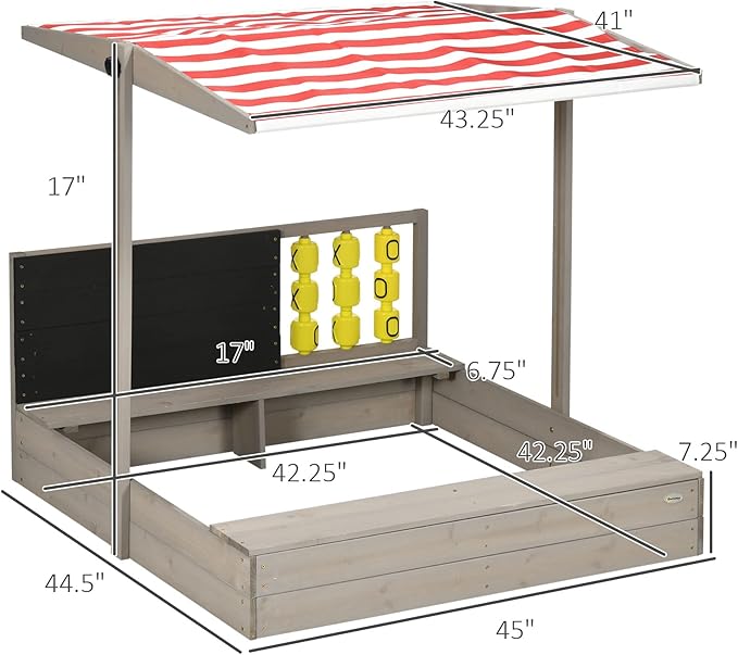 Outsunny Kids Sandbox with Canopy, Bench Seats Wooden Sand Pit, Backyard Toy with Chalkboard, Tic Tac Toe Game, Gift for Girls and Boys, Ages 3-7