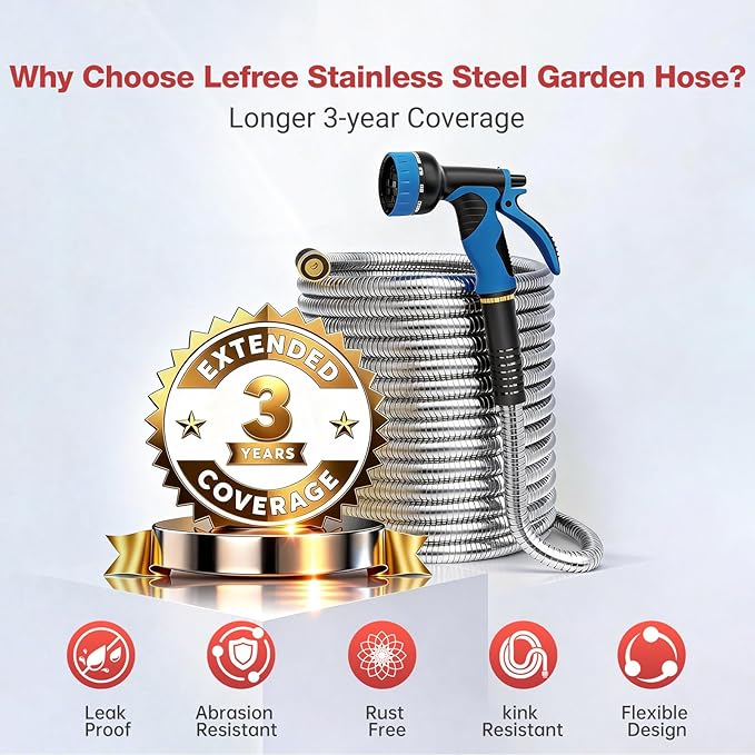 Lefree 50ft Metal Garden Hose - Heavy Duty 304 Stainless Steel Flexible Water Hose, No Kinks & Leak-Proof with Upgraded Handle, 10-Function Spray Nozzle & 4 Spare Gaskets for Yard, RV, Pet Bath