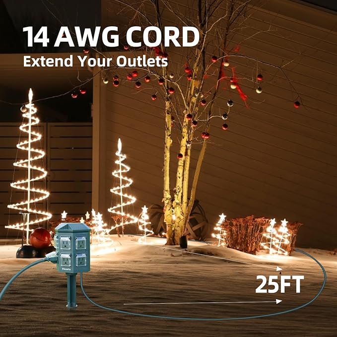 Outdoor Power Stake Timer, Remote Control Dusk to Dawn Light Timer, 25FT Extension Cord Waterproof, 6 Grounded Outlets for Outdoor Christmas Decorations, ETL Listed