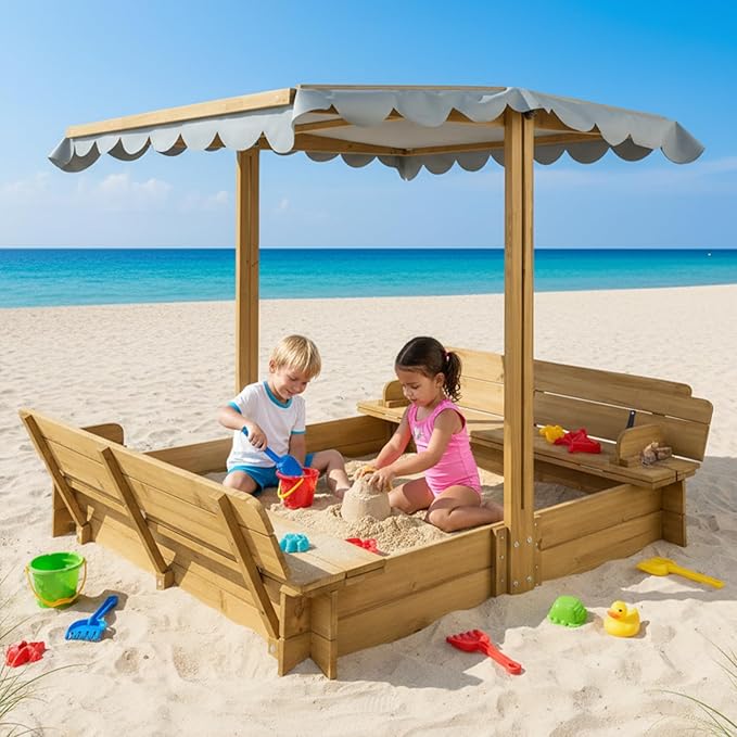 Kids Sandbox with Canopy & 2 Benches - 47 Large Wooden Outdoor Sand Box, Adjustable Weatherproof Cover, Easy-Fold Lid, Gift for Toddlers Ages 2-8, Backyard, Patio