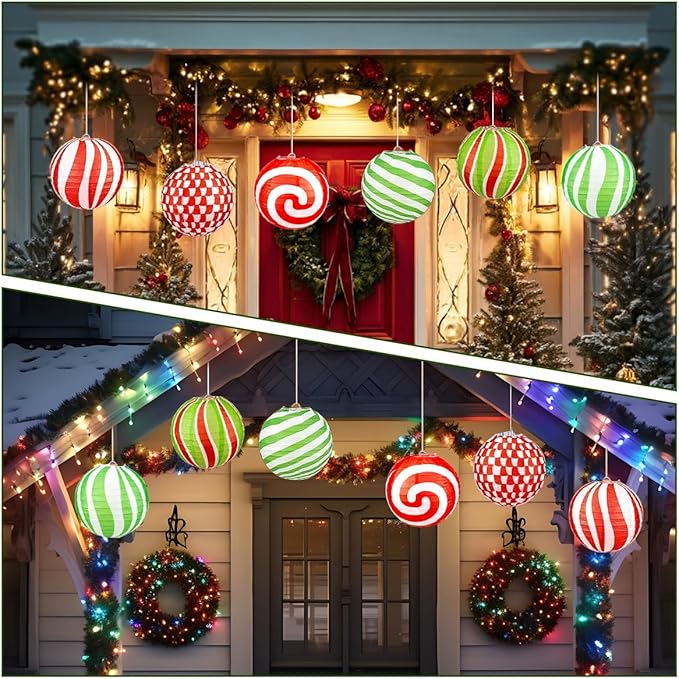 12 PCS Peppermint Christmas Paper Lanterns 12 Inch Round Red Green Xmas Hanging Paper Lanterns Set Candy Canes Lantern Party Decorations for Xmas Indoor Outdoor