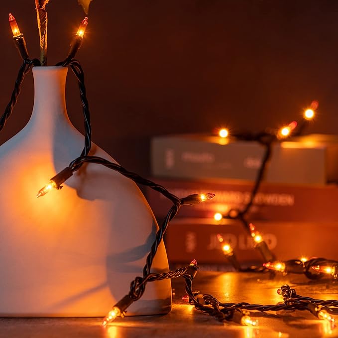 YULETIME 200 Orange String Lights with Black Wire, Pack of 2 Sets 33 ft 100 Count UL Certified Christmas String Lights (Orange)