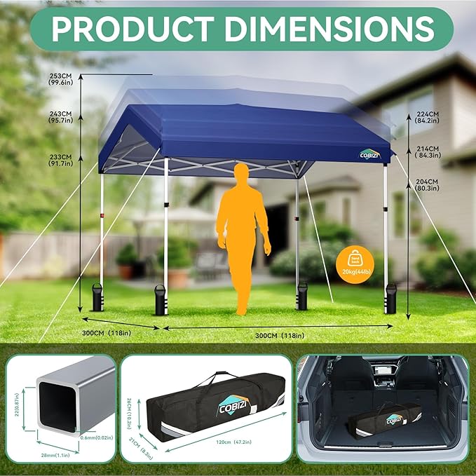 COBIZI 10x10 Pop Up Canopy with One Button Push Center Lock,Ez Up Portable Carport with 1 sidewall,Waterproof UV50+ Outdoor Party Commercial Carport Canopy Gazebos with Carry Bag(10 x 10 ft Dark Blue)