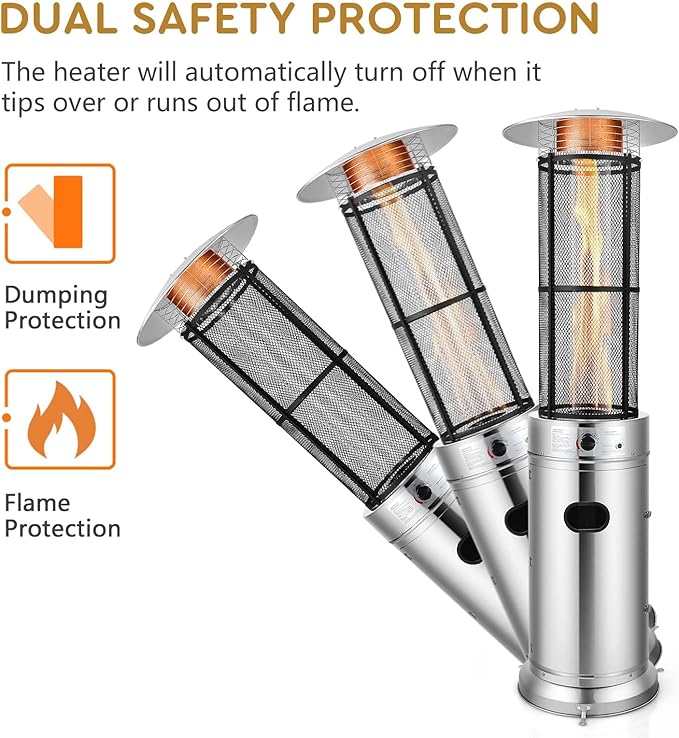 COSTWAY Outdoor Propane Patio Heater, 40,000 BTU Propane Heater with Dancing Flame, Portable Wheels, Stainless Steel Pyramid Floor-Standing Outdoor Heater for Balcony Backyard Garden, Silver