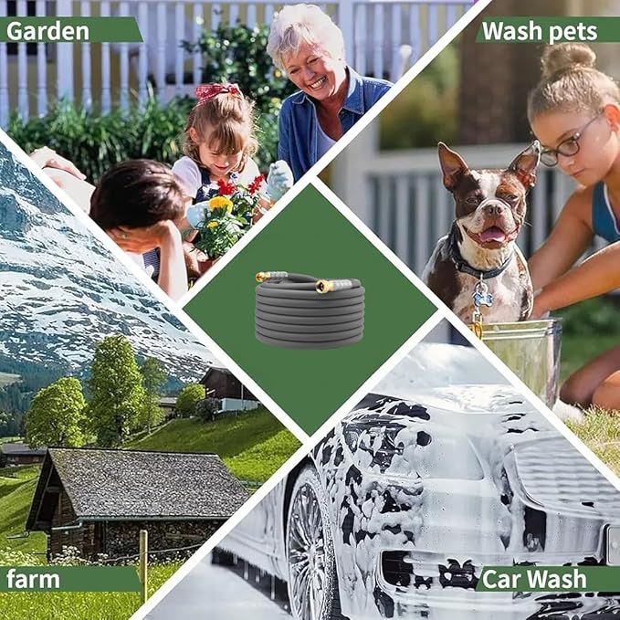 Heavy Duty Premium Garden Hose 90ft x 5/8, 300PSI Working, 1000PSI Burst, Hybrid Rubber Water Hose with Transparent Swivel Handle - Hot/Cold Water - Five Layered Braiding with Brass fittings (Grey)