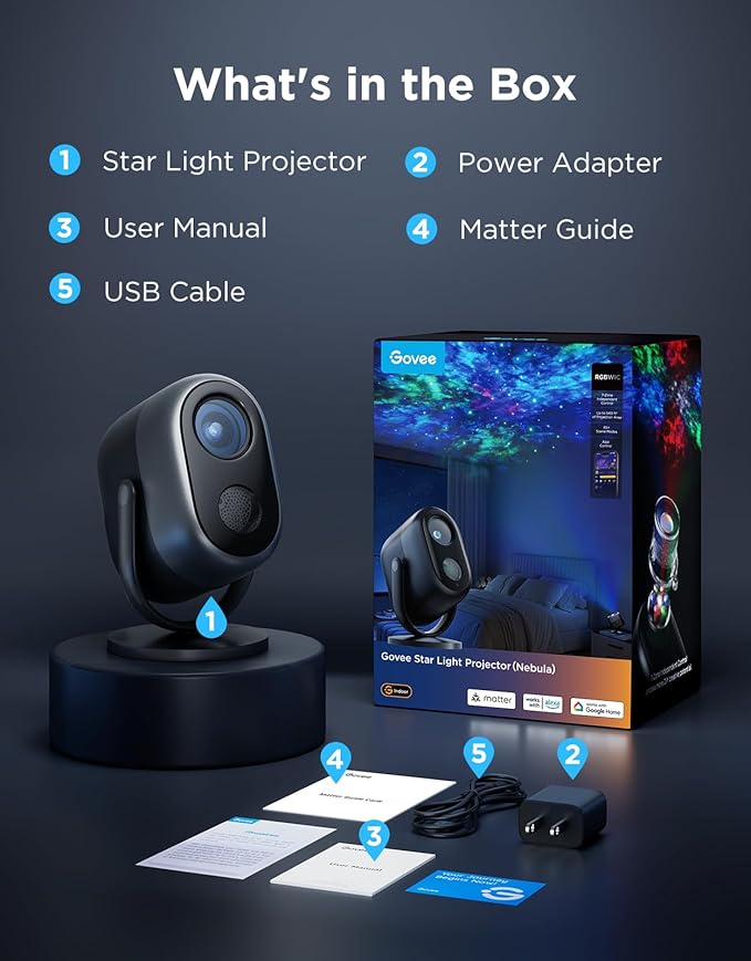 Govee Star Projector Lights, 7-Zone Colorful Nebula Effect, Work with Matter, 540ft² Coverage, LED Ceiling Lights for Bedroom, 50+ Scenes, 18 White Noise, Room Decor, Gifts for Kids, Sleep Lamp