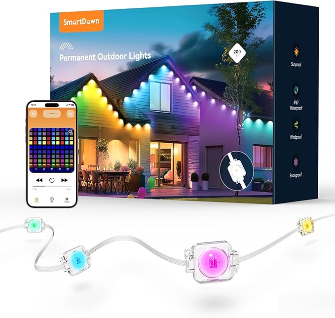 Permanent Outdoor Lights, 50FT with 32 Smart RGBIC LED Lights, DIY Scene Mode, IP68 Waterproof Christmas Lights for Daily and Accent Lighting, Outdoor Decor, House Roof, Holiday Decorations