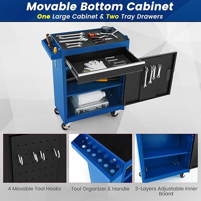 ERGOMASTER Tool Chest Heavy Duty Rolling Tool Box with Cabinet 5-Drawer for Lockable & Removable Cabinet for Garage and Workshop - Blue