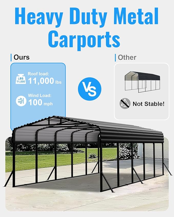 12x25FT Metal Carport, Extended Heavy Duty Carport with Reinforced Frame & Side Support Poles for All-Weather, Large Outdoor Car Port for Pickup Trucks, Boats, Cars & Tractors