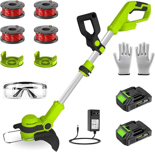 Electric String Trimmer Cordless with 20V Battery Powered 12-inch Lawn Mover & Edger Lawn Tool with Charger, Powered Grass Trimmer with 4pcs Spools and 2 Spool Covers Line for Yard and Garden, Green