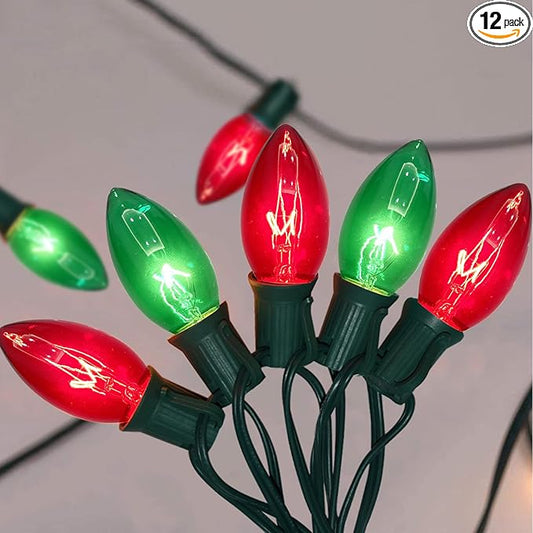 25Ft C9 Red and Green Christmas Lights Outdoor, C9 Vintage Christmas String Lights with 27 Clear Red Green Bulbs, Hanging Outdoor Christmas Lights for Backyard Prom Roofline Path Party Garden Decor