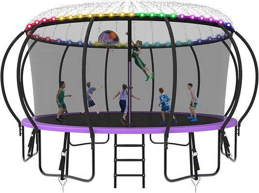 SKYUP 2026 Upgraded 8 10 12 14 15 16 FT 1500lbs Tranpoline for Kids and Adults with Light+Sprinkler+Socks, Recreational Tranpoline with Basketball Hoop, Ladder, ASTM Approved Tranpoline for 7-10 Kids
