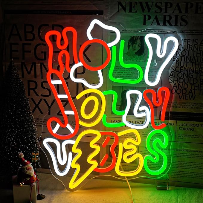 Horseneon Holy Jolly Vibes Neon Sign, Merry Christmas Neon Signs for Wall Decor, Christmas Tree Neon Light LED Sign with USB Powered for Christmas Party, Windows, Home Decor, Bedroom, Living room, Bar