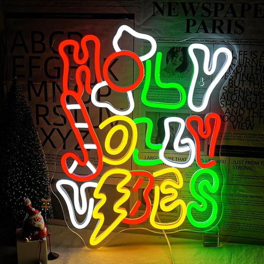 Horseneon Holy Jolly Vibes Neon Sign, Merry Christmas Neon Signs for Wall Decor, Christmas Tree Neon Light LED Sign with USB Powered for Christmas Party, Windows, Home Decor, Bedroom, Living room, Bar