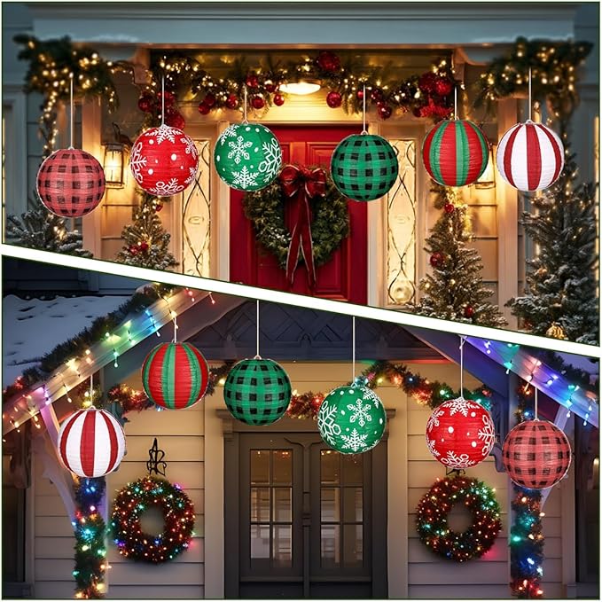 12 Pack Christmas Party Paper Lanterns 12 Inch Xmas Hanging Paper Lanterns, Snowflake Printed Round Lanterns for Xmas Home Party Wedding Holiday Decoration