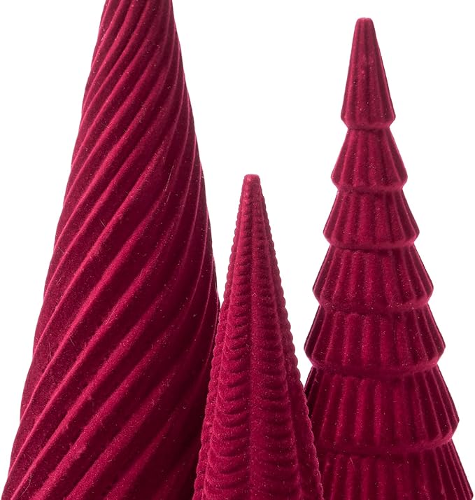 DN DECONATION 3Pcs Flocked Red Velvet Table Top Christmas Tree, Resin Xmas Tree Figurine Decor with Pine, Swirl & Wave Designs, Tree Statues Set for Christmas Indoor Decorations, Mantel, Entryway