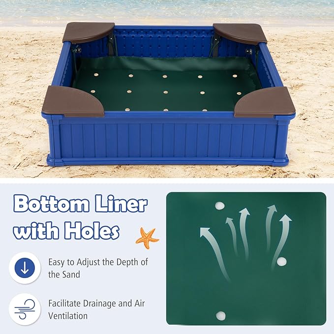 HONEY JOY 12.5 Kids Sandbox with Cover, 48 x 48 Inch Large HDPE Pit for Backyard, 4 Corner Seats & Bottom Liner, Sand Protection, All Weather Resistant Sand Boxes for Kids Outdoor (Blue)