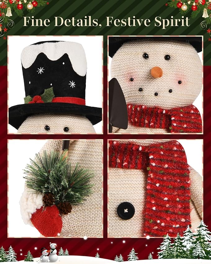 2025 Christmas Animated Snowman Decorations with Black Hat, Xmas Handmade Plush Ornaments for Indoor, Home, Bedroom Living Room and Holiday, Present for Family and Friends