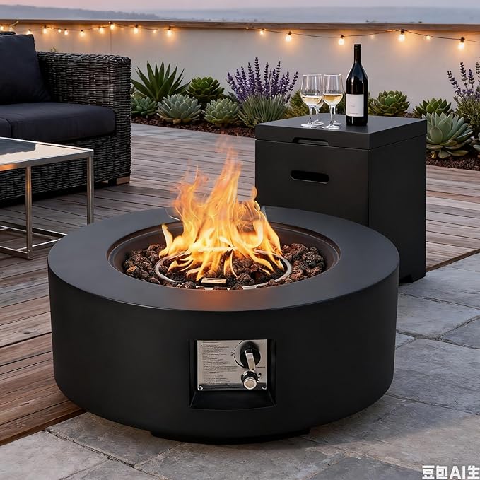 ECOTOUGE 2-Piece Gas Fire Pit, Outdoor Propane Fire Pit Table Set w/Tank Cover, 30''Auto-Ignition Round Steel Fire Table, 50,000 BTU Concrete Fire Pit w/Weather-Resistant Pit Cover, Lava Rocks, Black