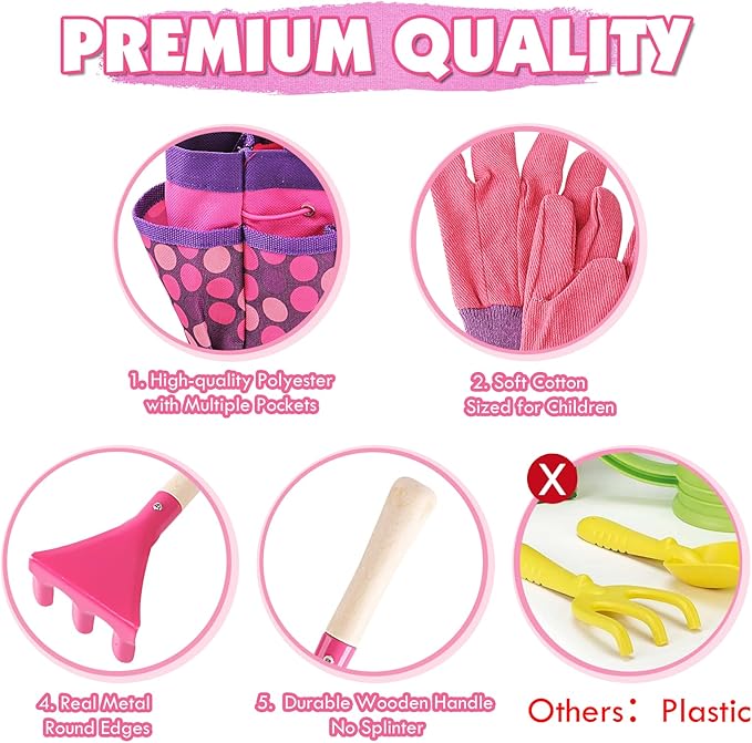 Kids Gardening Tools Set, Toddler Play Kit Child Outdoor Toy with Gloves, Watering Can, Metal Shovel, Rake, Spade & Storage Bag, Backyard Sand Digging Birthday for Boys Girls 3 4 5 (Pink)