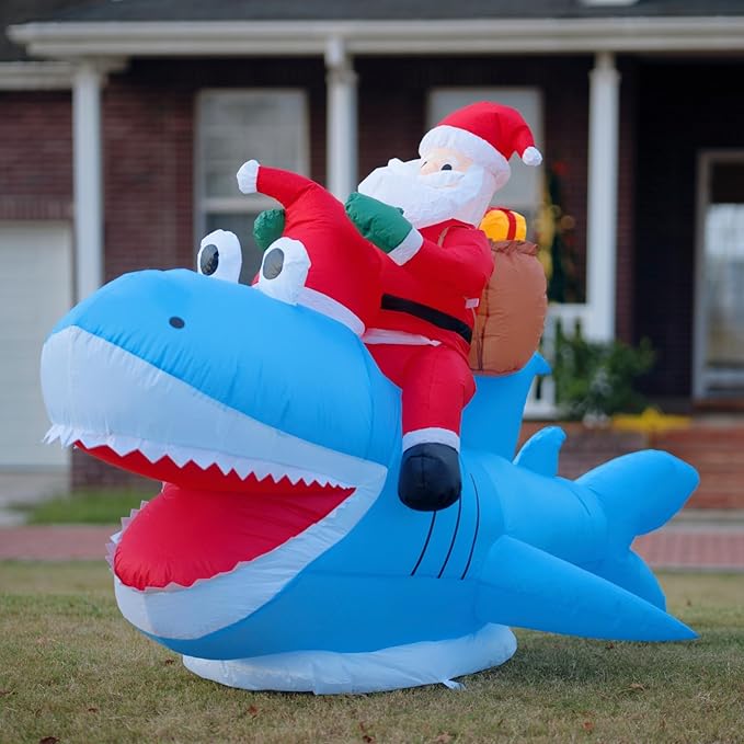 Christmas Inflatables Outdoor Decorations, 8.5 FT Funny Inflatable Santa Riding Shark, Christmas Blow Ups Yard Decor Outdoor Indoor Garden Lawn, Xmas Decor
