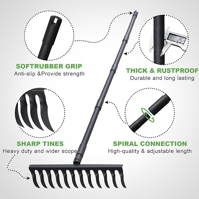 Pragmatist Bow Rake Heavy Duty 60 Metal Head Garden Rake with Adjustable Stainless Steel Handle Garden Tool for Loosening Soil Leveling Mulch Gathering Leaf
