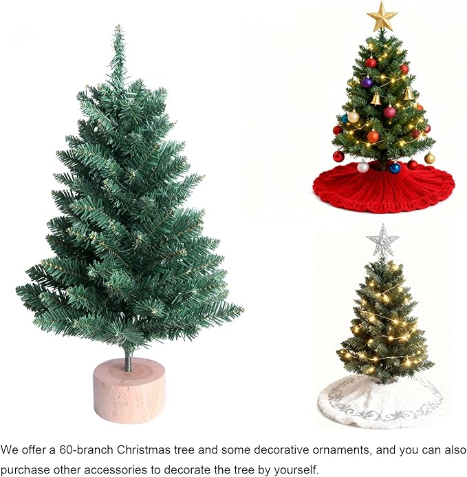 Liecho 24 Inch Tabletop Mini Christmas Tree, Miniature Pine Christmas Tree with Hanging Ornaments, Battery Operated Artificial Xmas Tree, Best DIY Christmas Decorations-Gold