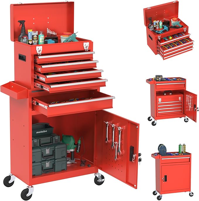 Rolling Tool Box with Wheels, 5-Drawer High Capacity Tool Chest with Wheels, Removable Storage Toolbox with Lock for Garage, Workshop (Red)