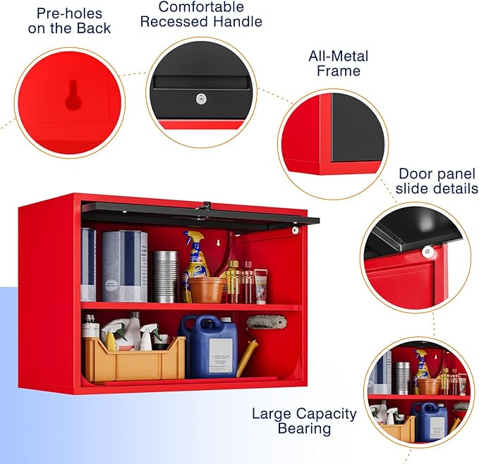 Yizosh Metal Garage Wall Cabinet with Doors and Shelves,Wall Mounted Metal Storage Cabinet, Floating Steel Tool Cabinet for Garage,Basement,Kitchen,Warehouse (Red Black,21.6 H)