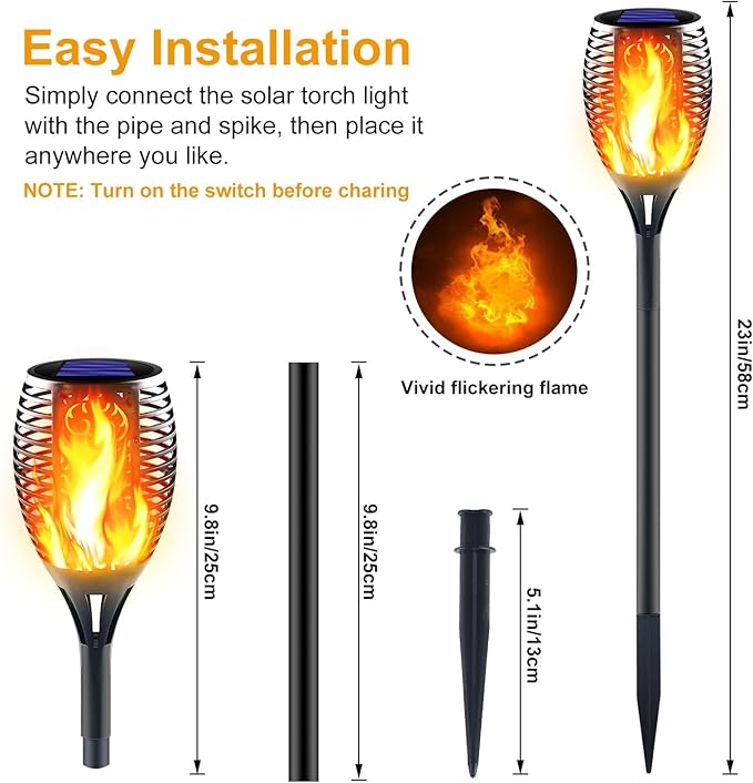 Large Solar Torch Light with Flickering Flame, Outdoor Decorative Solar Tiki Torches for Outside, Super Bright Landscape Lighting for Garden, Pathway, Yard, Auto On/Off (8 Pack)