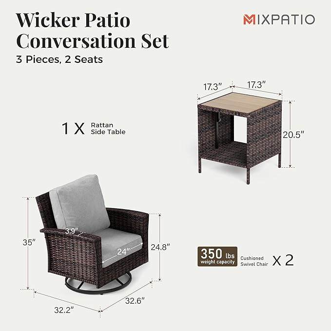 Outdoor Swivel Patio Chairs Set of 2 with Side Table, 3 Piece Wicker Highback Patio Bistro Set with Cushions for Deck Porch and Yard, Light Grey