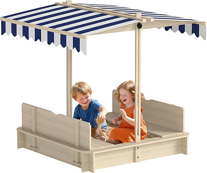 Outsunny Wooden Sandbox with Lid, Kids Sandbox with Canopy Outdoor, Sand Box with Foldable Bench Seats and Sand Protection, Bottom Liner Included, Kids Gift for Aged 3-7, 47X47 in, Natural