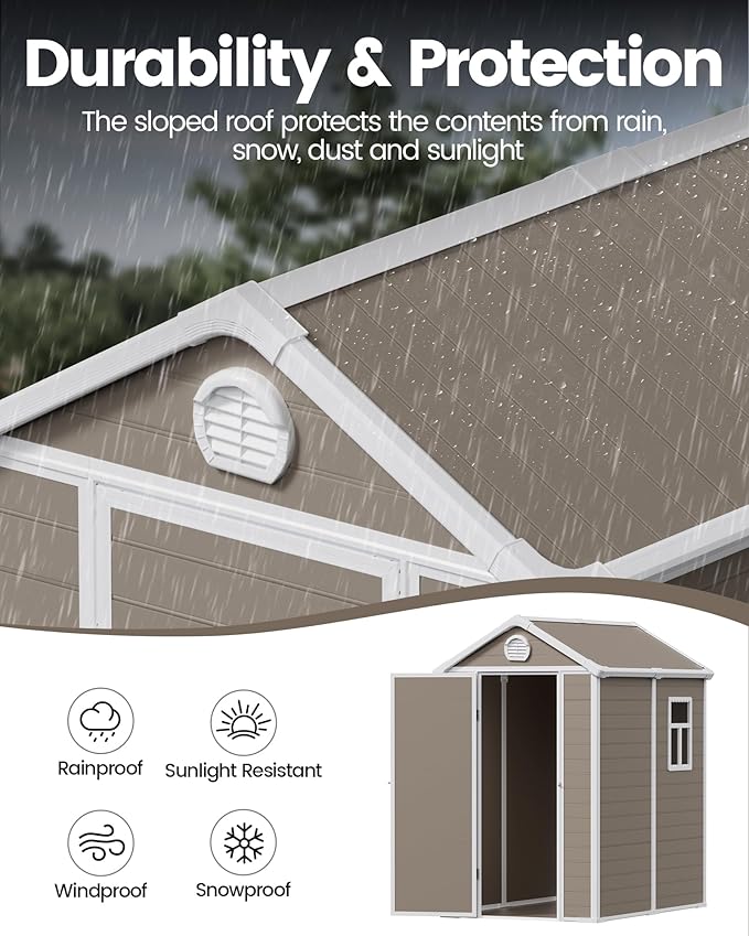 6x4.5 FT Plastic Sheds & Outdoor Storage, UV Resistant Storage Sheds Outdoor with Floor and Window, All-Weather Garden Resin Tool Shed for Lawn Mower, Yard Tools, Bike, Warm Gray